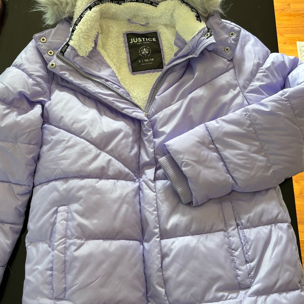Justice Lavender Puffer Jacket with Faux Fur Lining